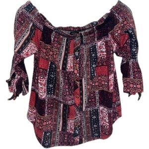 Rue21 Red and Black Patchwork Off-Shoulder Blouse